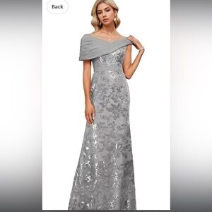 Off the Shoulder Silver Sequined Floral Gown